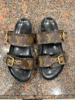 Louis Vuitton Monogram Double Buckle Slide Sandals - Brown/Black
